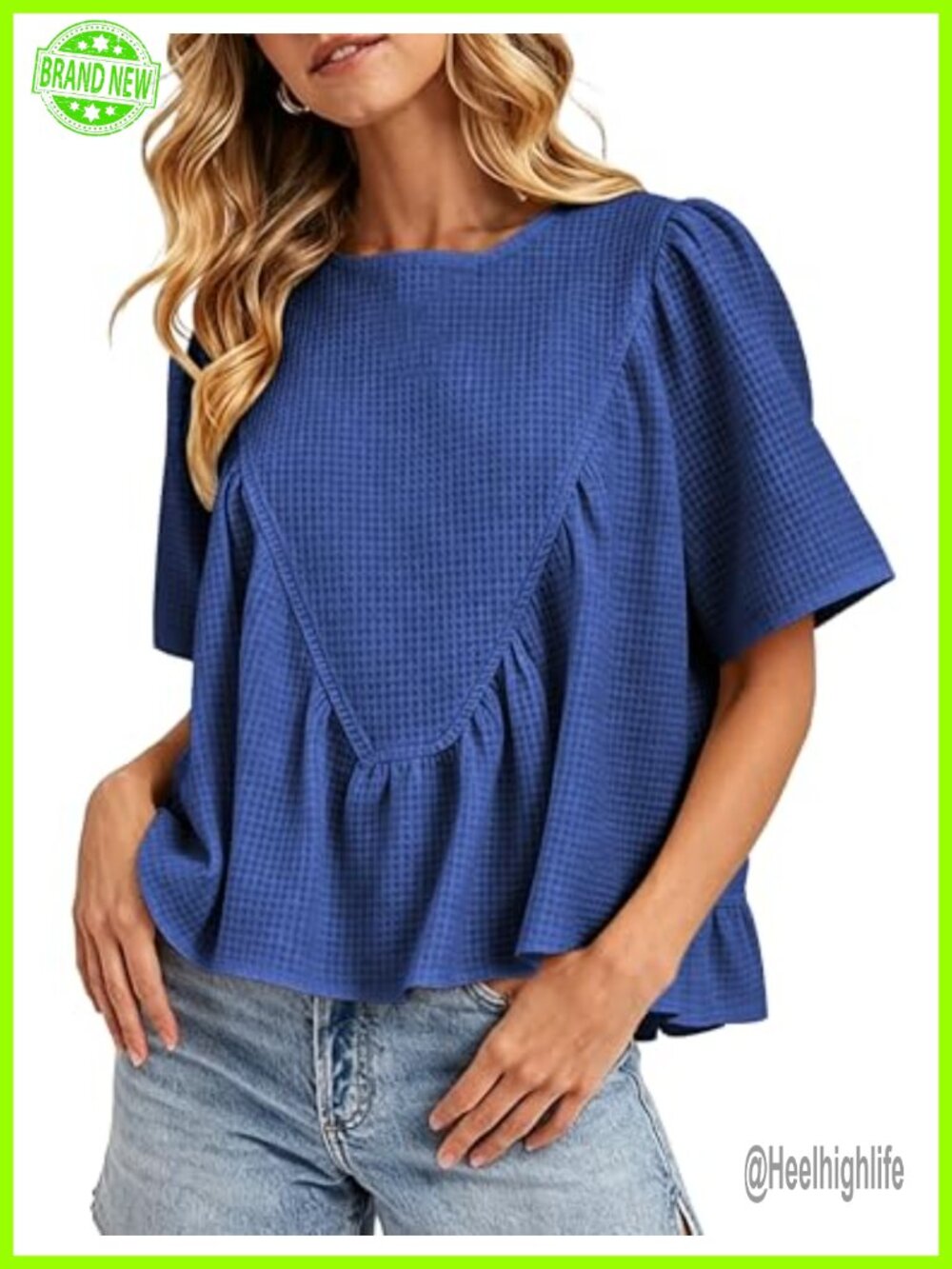 Womens Peplum Babydoll Top Short Sleeve Waffle Knit Blouse